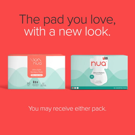 Nua Sanitary Pads | 12 Heavy Flow | 20 Medium Flow | 18 Light Flow | 50 Pads