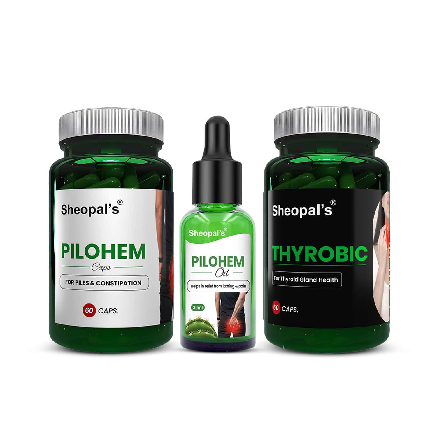 Sheopal's Pilohem For Hemorrhoids & Thyrobic For Thyroid 60+60 Caps & 30ml Oil