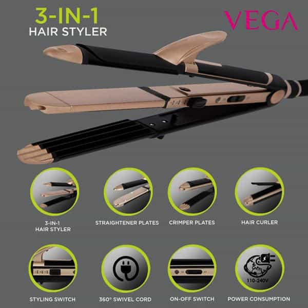 Vega 3 In 1 Hair Styler Straightener Curler & Crimper (Vhscc-01) Black