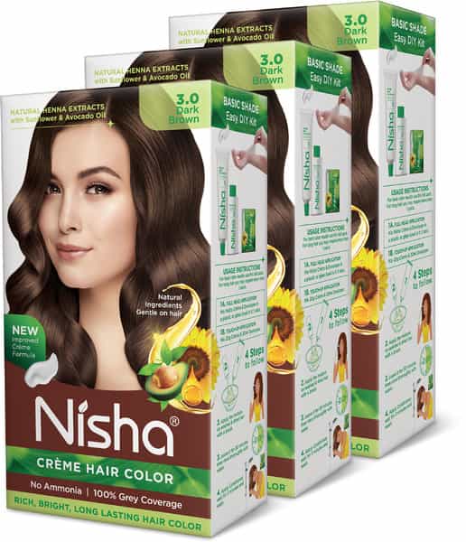 Nisha Creme Hair Color 3.0 Dark Brown 120Gm Pack Of 3, Ammonia Free Hair Colour, 100% Grey Coverage