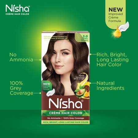 Nisha Creme Hair Color 3.0 Dark Brown 120gm Pack Of 3, Ammonia Free Hair Colour, 100% Grey Coverage
