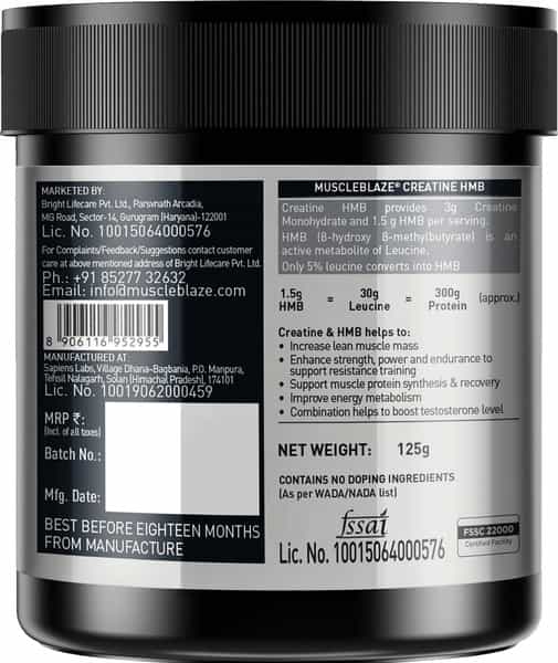 Muscleblaze Creatine Hmb With Myhmb|Strength Power & Endurance|Muscle Protein Synthesis (125 G)