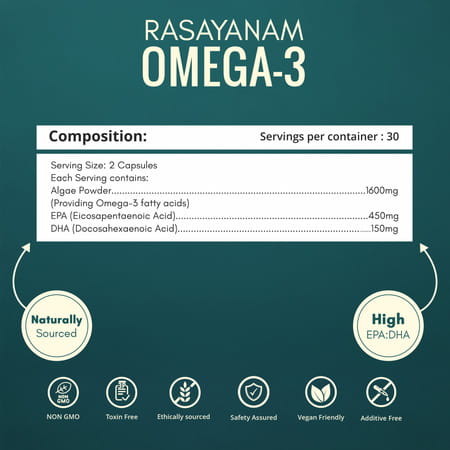 Rasayanam Omega - 3 | Vegan | No Burps | Epa+Dha | 60 Capsules | Pack Of 1