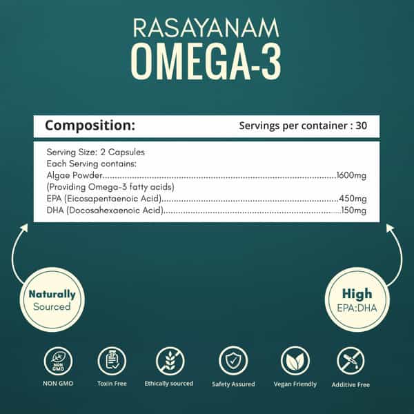 Rasayanam Omega - 3 | Vegan | No Burps | Epa+Dha | 60 Capsules | Pack Of 1