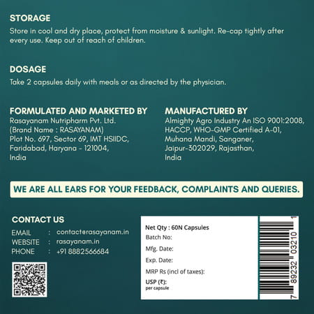 Rasayanam Omega - 3 | Vegan | No Burps | Epa+Dha | 60 Capsules | Pack Of 1