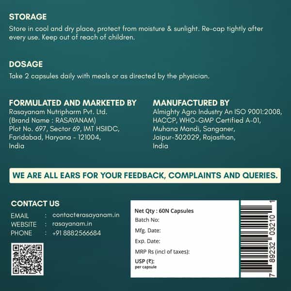 Rasayanam Omega - 3 | Vegan | No Burps | Epa+Dha | 60 Capsules | Pack Of 1