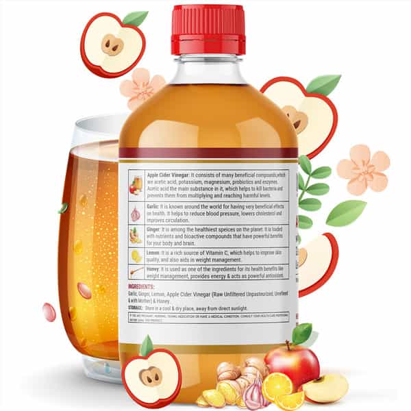 Inlife Apple Cider Vinegar With Garlic Ginger Lemon Honey Mother Of Vinegar Weight Management-500 Ml
