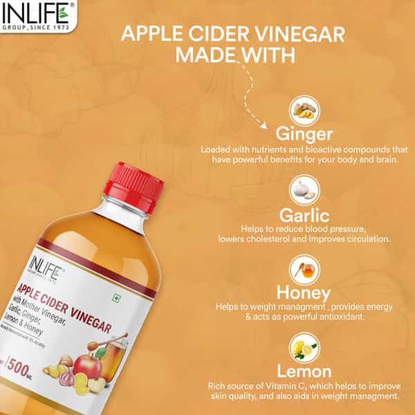 Inlife Apple Cider Vinegar With Garlic Ginger Lemon Honey Mother Of Vinegar Weight Management-500 Ml