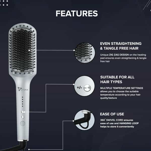 Syska Hbs300 Salon Finish Hair Straightening Brush With Ceramic Tourmaline Coated Heating Plate Blue