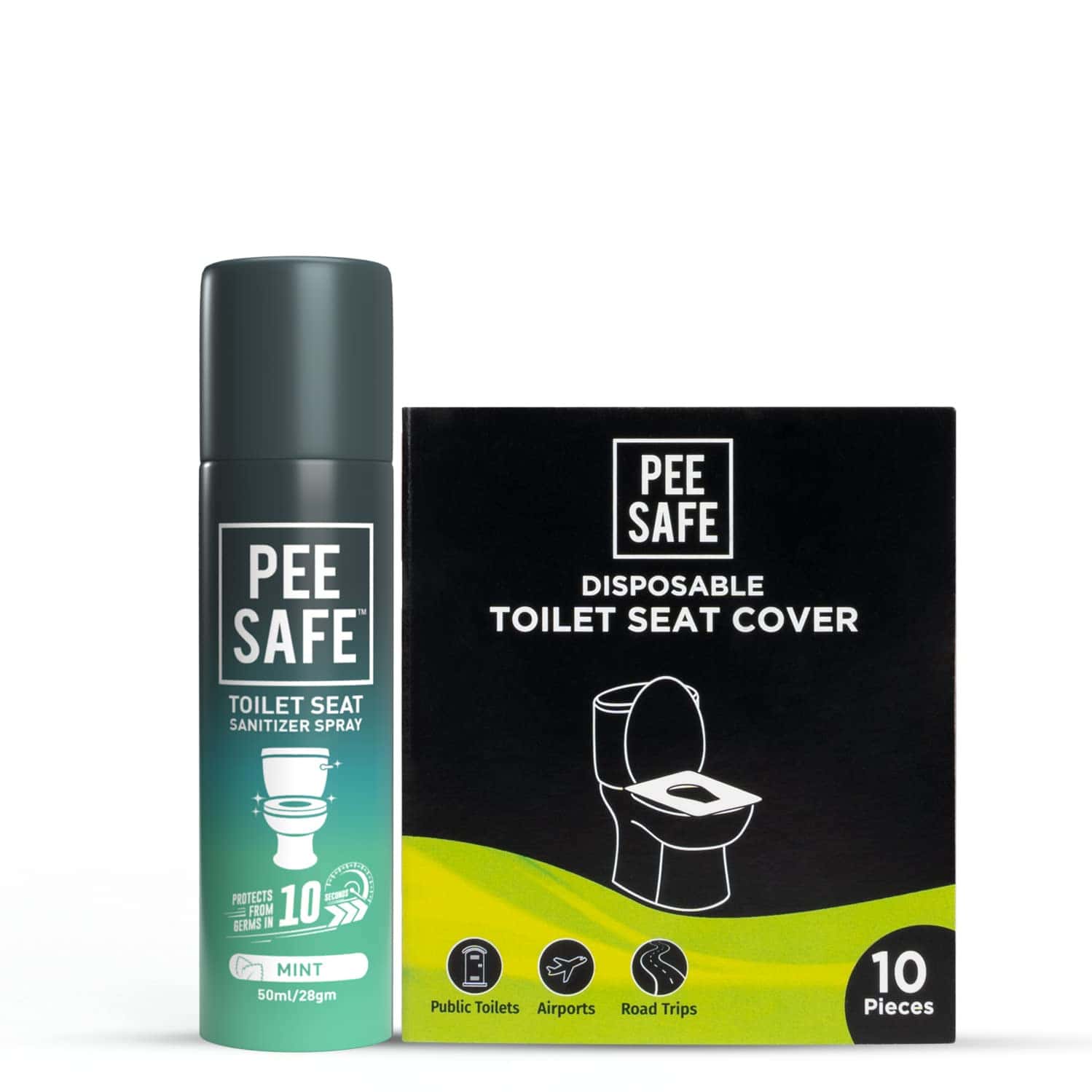 Peesafe Toilet Hygiene Combo - Toilet Seat Sanitizer Mint 50ml|Disposable Toilet Seat Cover 10n