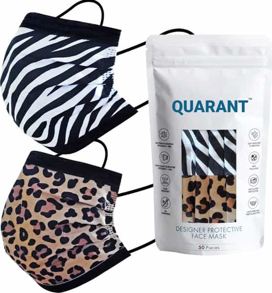 Quarant 4 Ply Designer Protective Surgical Face Mask With Nose Pin Animal Print Combo - Pack Of 50