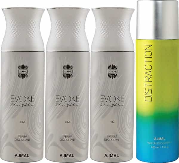 Ajmal 3 Evoke Silver Edition For Men & 1 Distraction For Men & Women Deo Each 200Ml Combo Pack 4