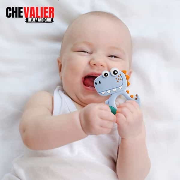 Chevalier Soft Silicone Rubber Baby Teether | Soothes Sore Gums Chew Infant Toy | Dinosaur Skyblue