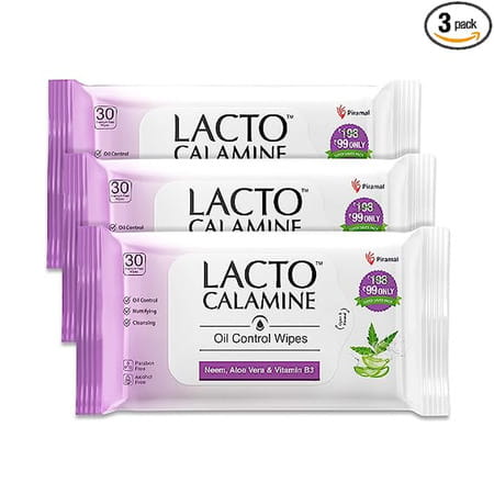 Lacto Calamine Oil Control Face Wipes With Neem, Vitamin B3 And Aloe Vera, White, 90 Count,Pack Of 3