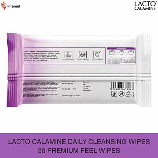 Lacto Calamine Oil Control Face Wipes With Neem, Vitamin B3 And Aloe Vera, White, 90 Count,Pack Of 3