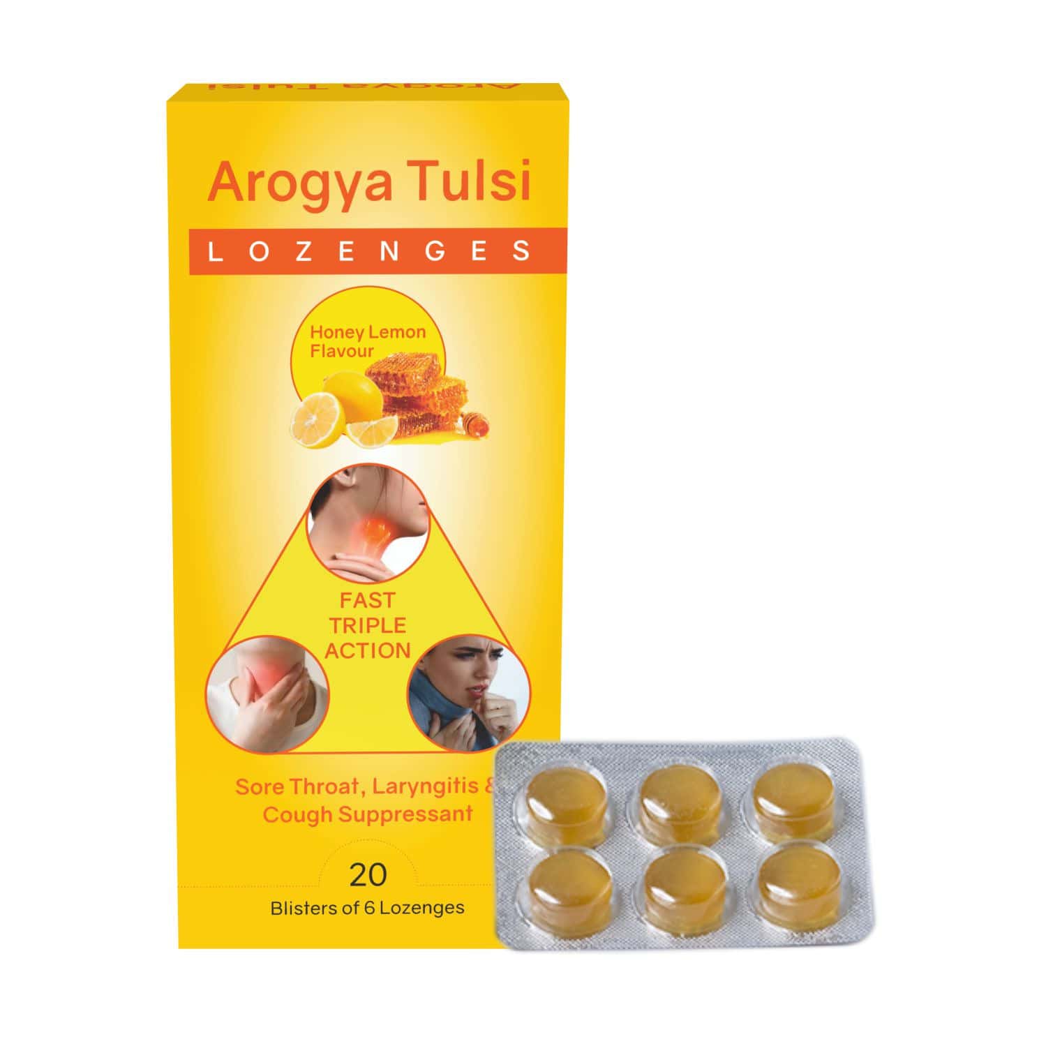 Arogya Tulsi Lozenges (Honey Lemon Flavour) 6 Tab | Cough & Sore Throat (Pack Of 20)