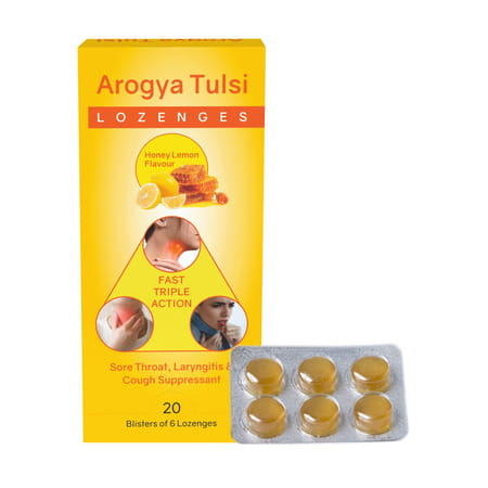 Arogya Tulsi Lozenges (Honey Lemon Flavour) 6 Tab | Cough & Sore Throat (Pack Of 20)