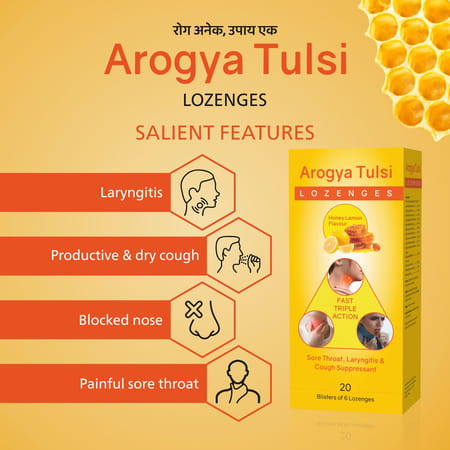 Arogya Tulsi Lozenges (Honey Lemon Flavour) 6 Tab | Cough & Sore Throat (Pack Of 20)