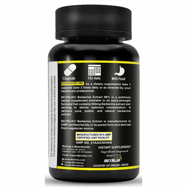 Nutrija Berberine Extract 500Mg Capsules | Standardized To Min 98% (120 Capsules)