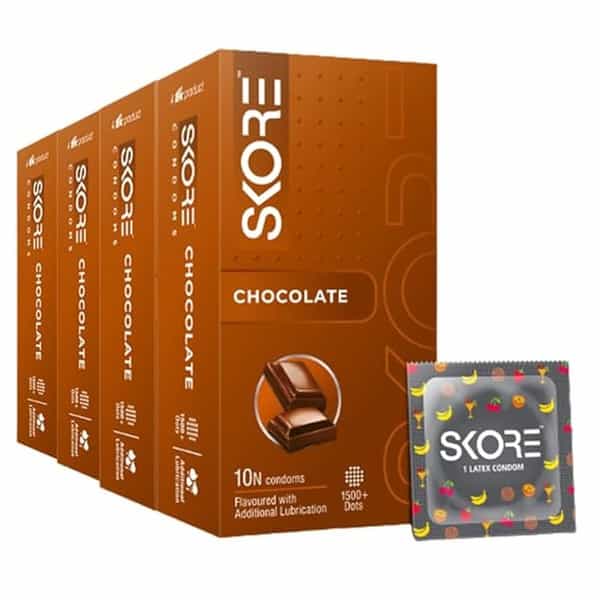 Skore Dotted Flavour Condoms (Chocolate) 10N (Pack Of 4) And Hard Rock Gel Sachet Free