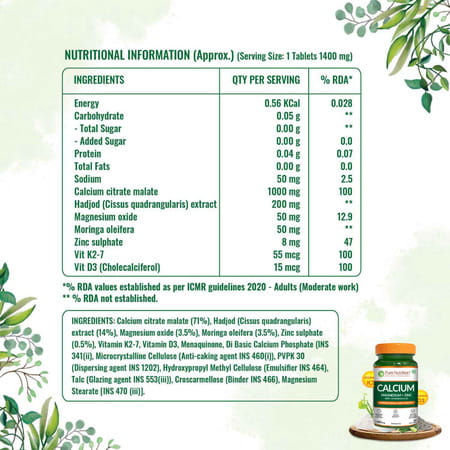 Pure Nutrition Calcium L Calcium Citrate Tablets For Bone And Muscle Health L - 60 Veg Tablets