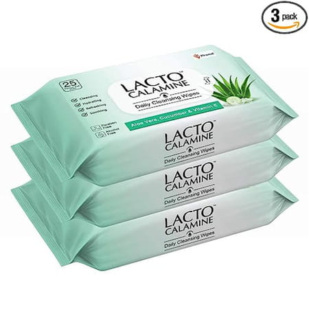 Lacto Calamine Daily Face Cleansing Wipes With Aloe Vera | White | Pack Of 3 | 75 Count