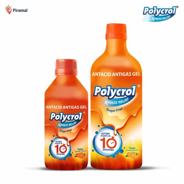 Polycrol Xpress Relief From Acidity & Gas | Antacid | Sugar Free | Orange Flavour | 200 Ml