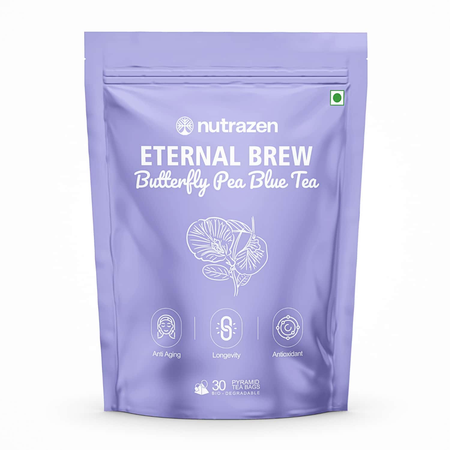 Nutrazen Eternal Brew Butterfly Pea Blue Tea Bags | Antioxidant Rich Herbal Tea | 30 Servings
