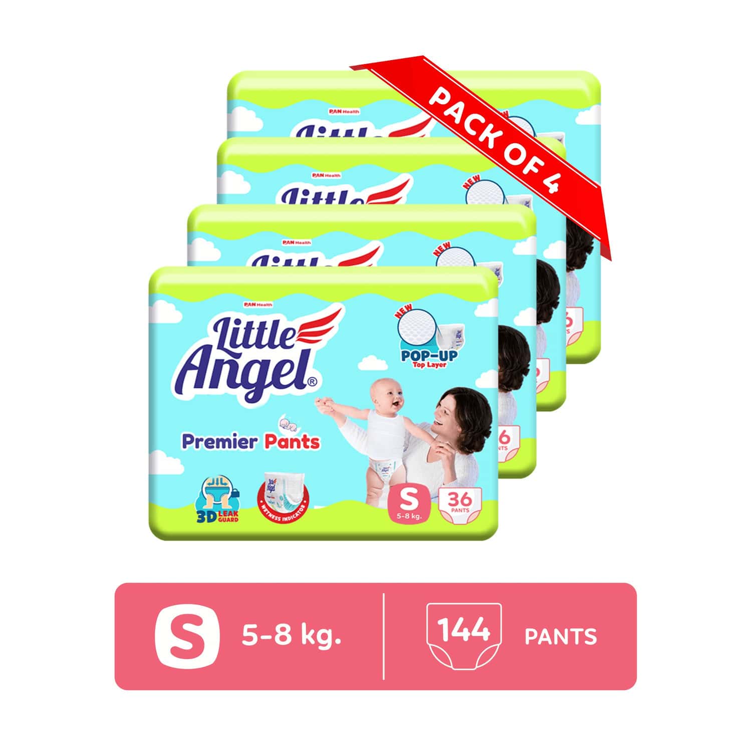 Little Angel Premier Pants Baby Diapers Small (S) Size 144 Count Pack Of 4 36 Count/Pack 5-8 Kg