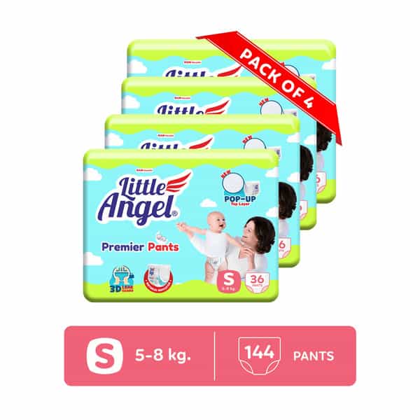 Little Angel Premier Pants Baby Diapers Small (S) Size 144 Count Pack Of 4 36 Count/Pack 5-8 Kg