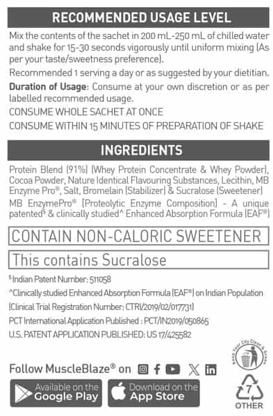 Muscleblaze Biozyme Performance Whey 25G Protein | 36G Sachet | Single Pack | Rich Chocolate