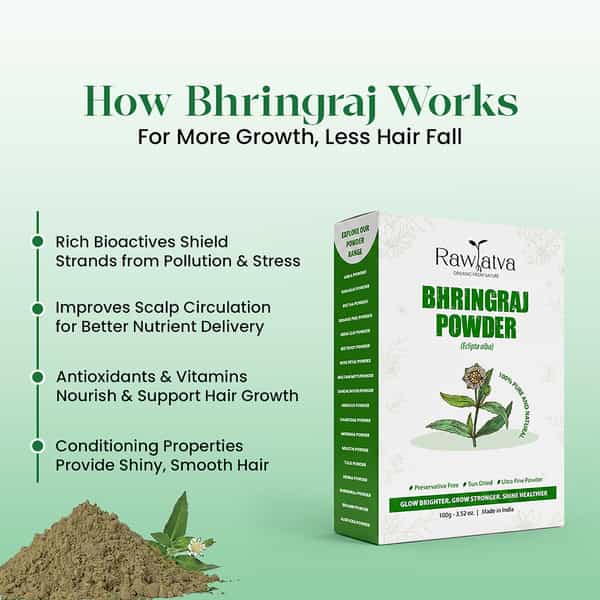 Raw Tatva Bhringraj Powder | Hair Fall Reduction & Scalp Nourishment | All Hair Types | 100G