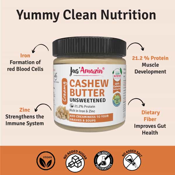 Jus Amazin Creamy Cashew Butter-Unsweetened (200G) |Clean Nutrition |100% Cashewnuts| Dairy-Free