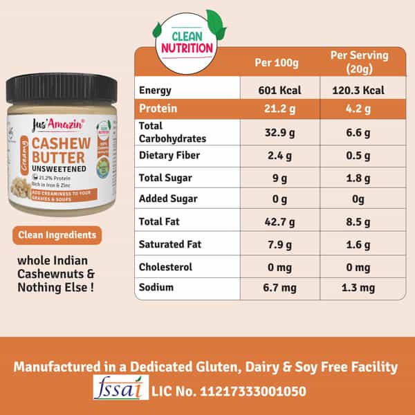 Jus Amazin Creamy Cashew Butter-Unsweetened (200G) |Clean Nutrition |100% Cashewnuts| Dairy-Free