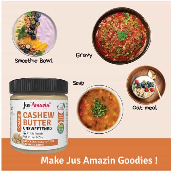 Jus Amazin Creamy Cashew Butter-Unsweetened (200G) |Clean Nutrition |100% Cashewnuts| Dairy-Free
