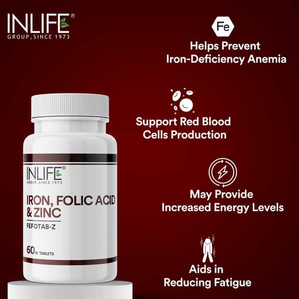 Inlife Iron Folic Acid Zinc Blood Builder Supplement For Men & Women 60 Tablets For Iron Production