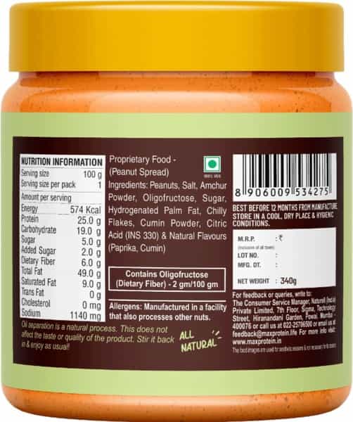 Max Protein Peanut Spread - Spicy Chutney [340 Gm] - Pack Of 1