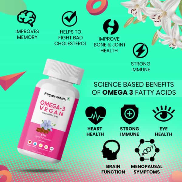 Fixuphealth Omega 3 Vegan Flaxseed Nutrition Supplement For Hair Skin Bone Joint Muscles 60Cap 2Pack