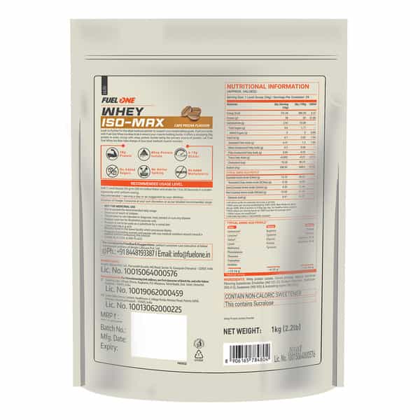 Fuel One Whey Iso-Max | Whey Protein Isolate | 28G Protein (Cafe Mocha | 1Kg / 2.2 Lbs)