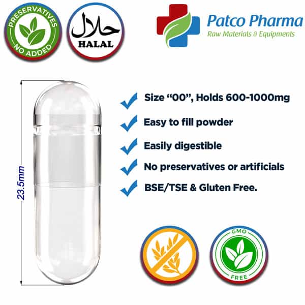 Patco Pharma - Size 00 Clear Empty Gelatin Pill Capsule | Diy Powder Filling (Pack Of 20000)