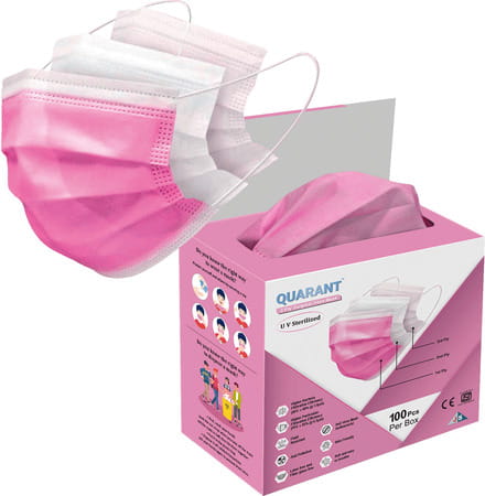 Quarant 3 Ply Pink Surgical Face Mask With Adjustable Nose Pin Uv Sterilized - Pack Of 100