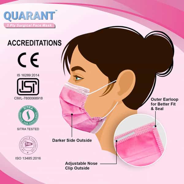 Quarant 3 Ply Pink Surgical Face Mask With Adjustable Nose Pin Uv Sterilized - Pack Of 100
