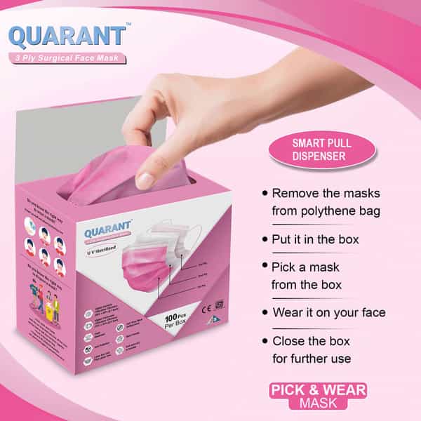Quarant 3 Ply Pink Surgical Face Mask With Adjustable Nose Pin Uv Sterilized - Pack Of 100
