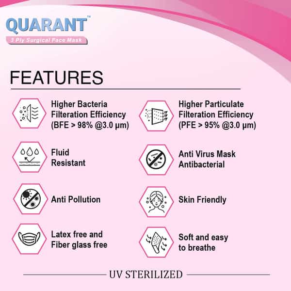 Quarant 3 Ply Pink Surgical Face Mask With Adjustable Nose Pin Uv Sterilized - Pack Of 100