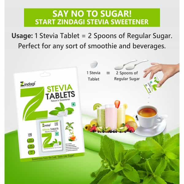 Zindagi Stevia Sugar Tablets | Sugarfree Swwetener | Vegan Friendly|100 Tablets| Pack Of 2