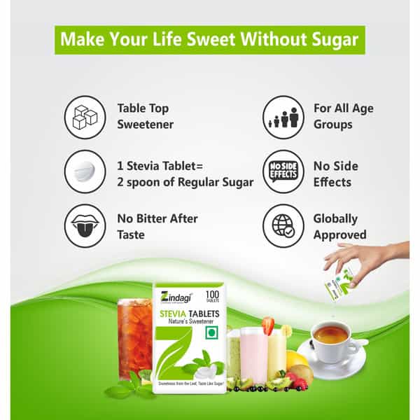 Zindagi Stevia Sugar Tablets | Sugarfree Swwetener | Vegan Friendly|100 Tablets| Pack Of 2