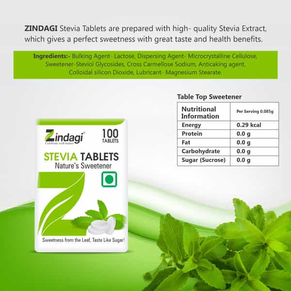 Zindagi Stevia Sugar Tablets | Sugarfree Swwetener | Vegan Friendly|100 Tablets| Pack Of 2