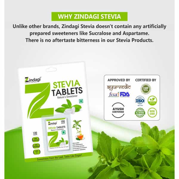 Zindagi Stevia Sugar Tablets | Sugarfree Swwetener | Vegan Friendly|100 Tablets| Pack Of 2