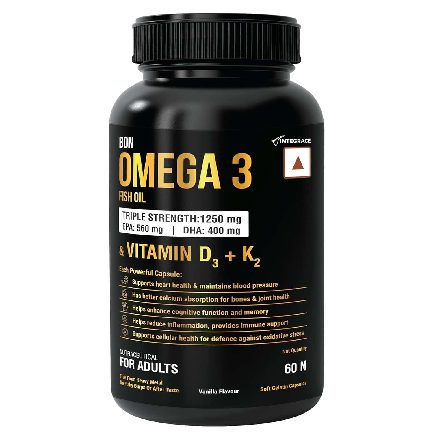Bon Omega 3 Fish Oil 1250mg | Vitamin D3 & K2 3x Triple Strength 560mg Epa & 400mg Dha - 60 Softgels