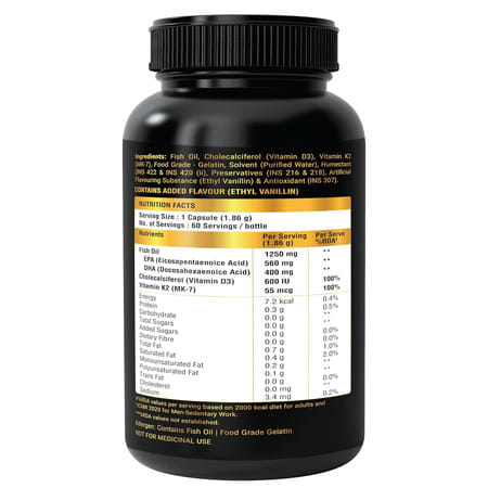 Bon Omega 3 Fish Oil 1250Mg | Vitamin D3 & K2 3X Triple Strength 560Mg Epa & 400Mg Dha - 60 Softgels